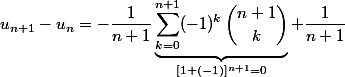 u_{n+1}-u_n=-\dfrac{1}{n+1}\underbrace{\sum_{k=0}^{n+1}(-1)^k\,\binom{n+1}{k}}_{[1+(-1)]^{n+1}=0}+\dfrac{1}{n+1}